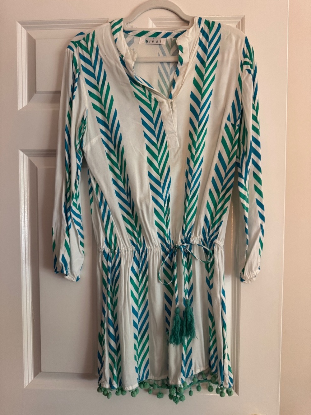 Bindi Blue Green Palm Print Tassel Tunic Dress Cover Up Pom Pom Trim